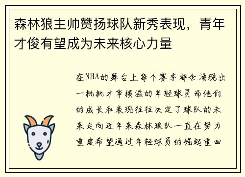 森林狼主帅赞扬球队新秀表现，青年才俊有望成为未来核心力量
